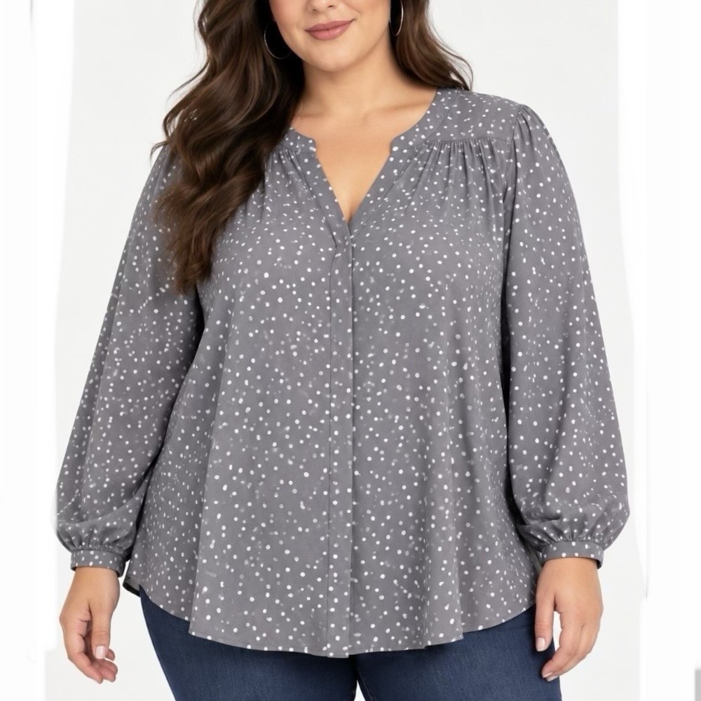 Torrid Gray Metallic Dots Long Sleeve Georgette Blouse Office Work Size 4X
